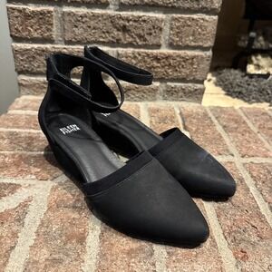 Eileen Fisher Jilly Pump Heels Sz 8 Black Suede Leather Ankle Strap Stacked Heel